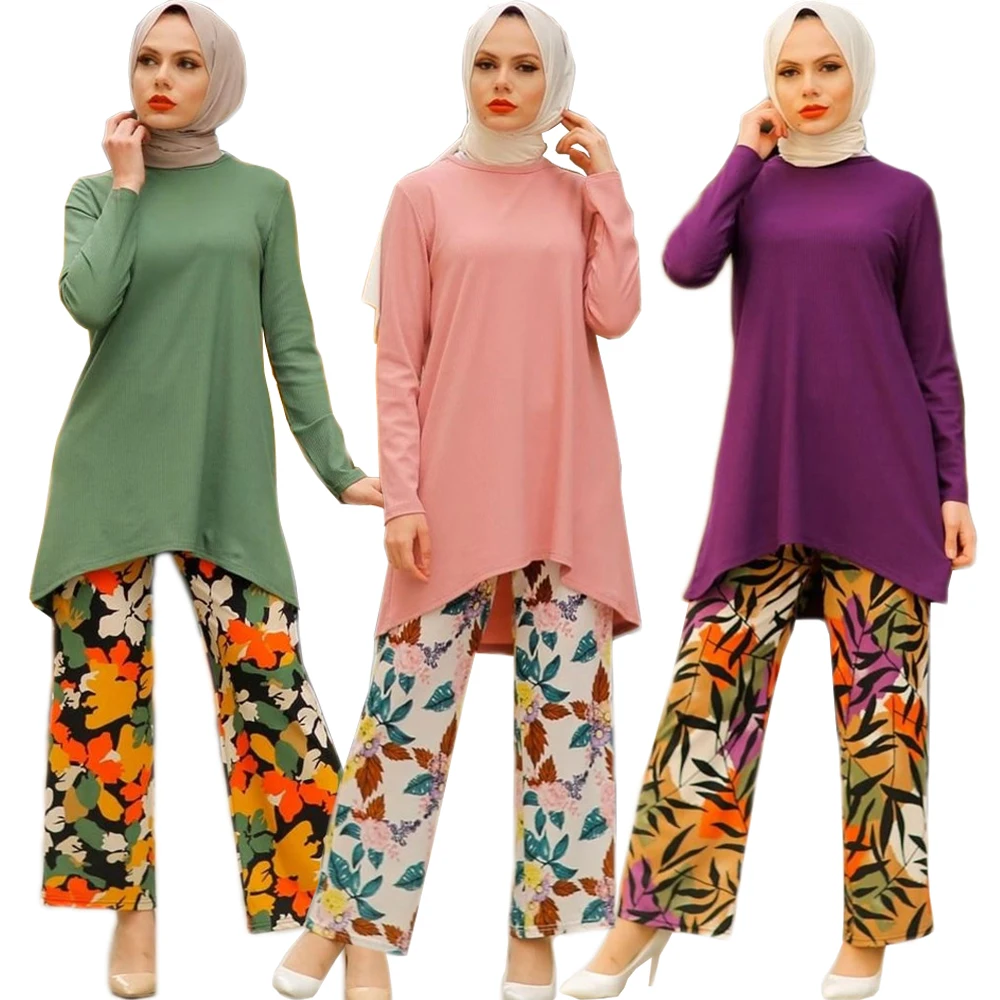 

2023 Fashion Muslim Women Top Blouse Print Wide Leg Pants Sets 2 Piece Tracksuit Casual Dubai Turkey Abaya Matching Sets Outfits