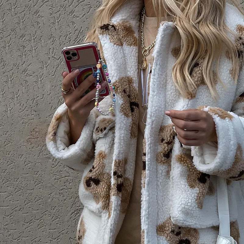 Autumn and Winter Thick Lamb Hair New Women's Fashion Bear Zipper Mid-length Flocking Loose Thick Coat Street Sweater Hoodie