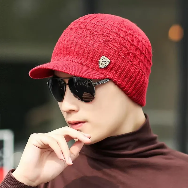 Men's Skullies Beanies with Visor for Warmth Winter Knit Earmuffs Thick Wool Lined Skull Ski Baseball Cap Winter Outdoor Riding 5