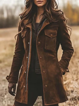 Women's Vintage Suede Turtleneck Casual Jacket, 1