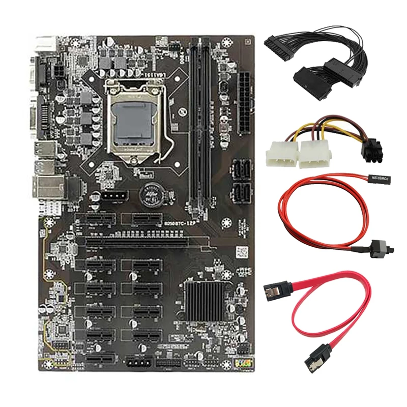 B250B BTC Mining Motherboard with Graphics Power Cable+24Pin Power Cable+Switch Cable 12 PCI-E Slot LGA1151 DDR4 RAM best gaming motherboard for pc