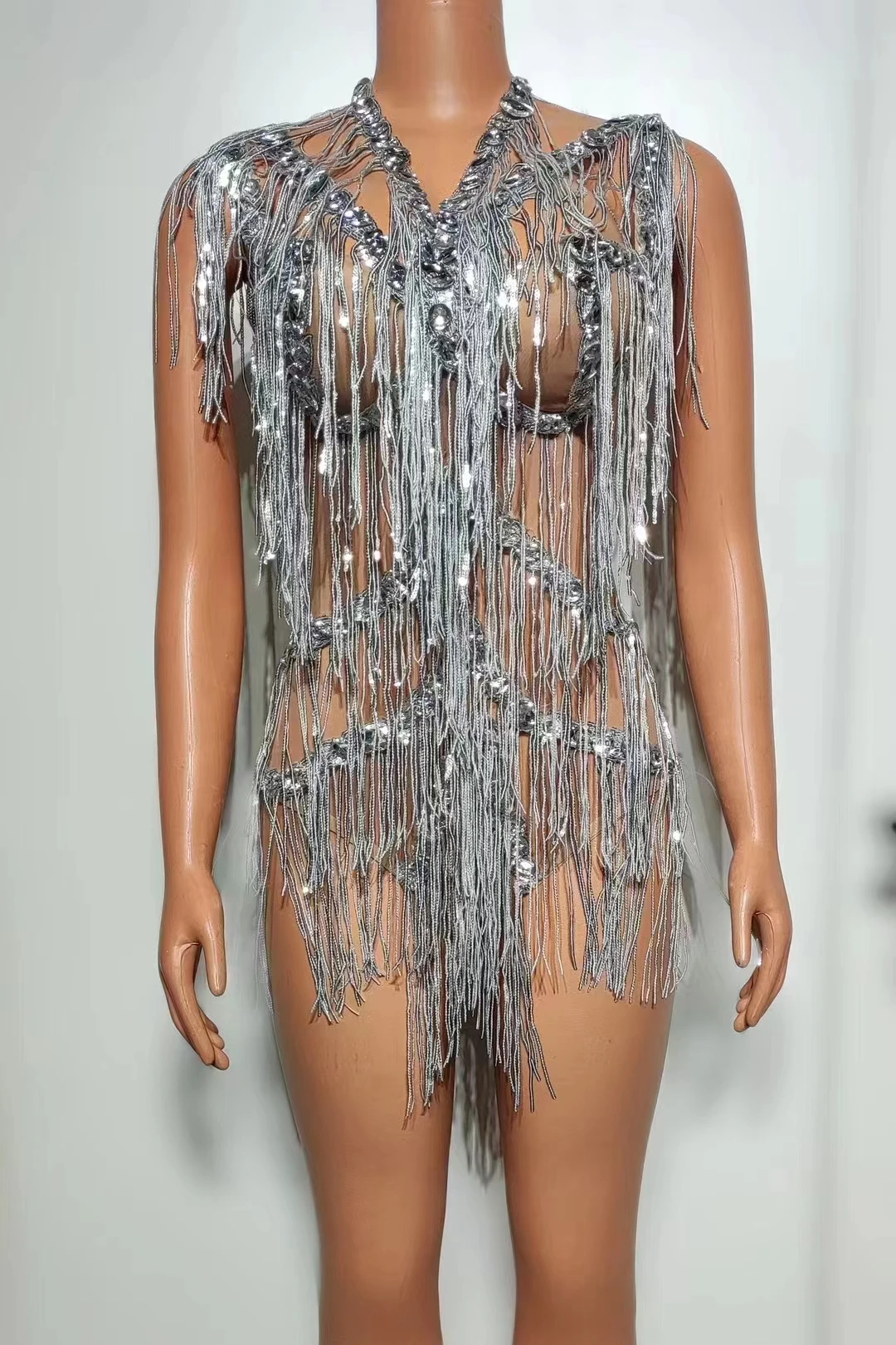 Splendido See Thru Mini Abiti Con Frange Di Paillettes Per Le Donne Sexy Senza Maniche Cristalli Mesh Poleding Drag Queen Singer Costume A521