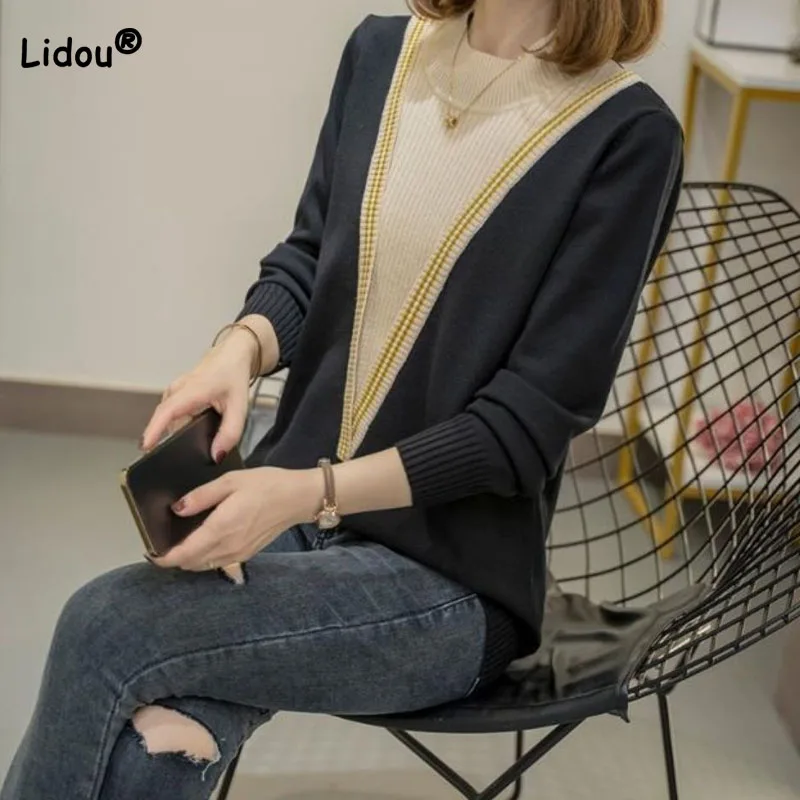 

Women's Fashion Commute Fake Two Pieces Sweaters Autumn Winter Female Clothing Casual Contrast Color Spliced Knitted Pullovers