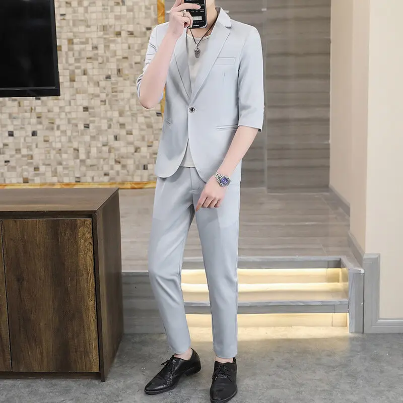 Business Casual One Button Suit Men's Sets Summer Solid Color Slim Fit Short Sleeve Blazers & Pants Two-Pieces Set Clothing