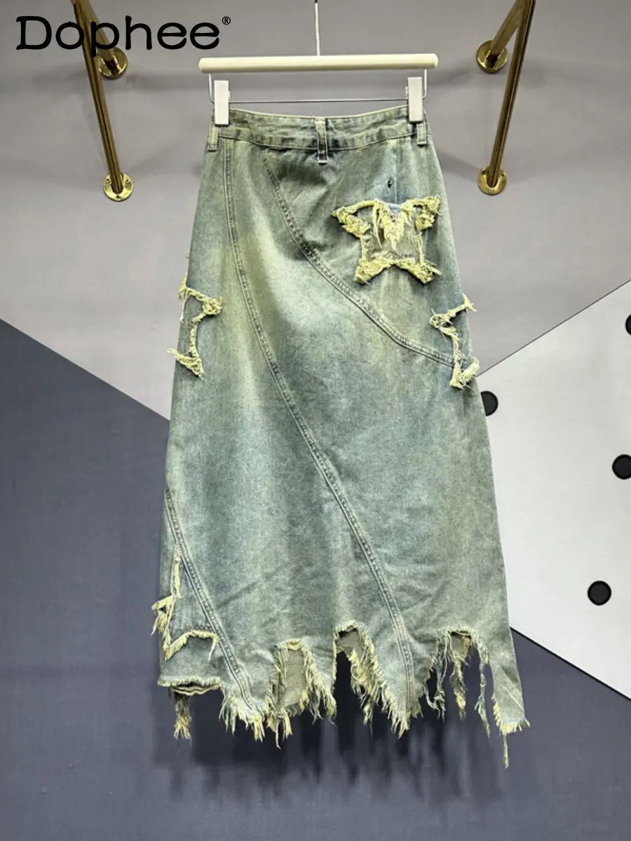 

Street Star Patch Burrs Tassels Sheath Long Skirt for Women 2023 Summer New High Waist Slimming Retro Mid-length Denim Skirt