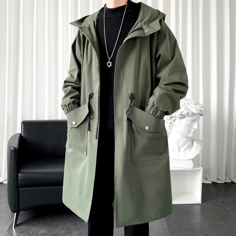 Long Trench Coat Jacket Men Autumn Spring Black Hip Hop Japanese Coats Streetwear Male Hooded Casual Jackets