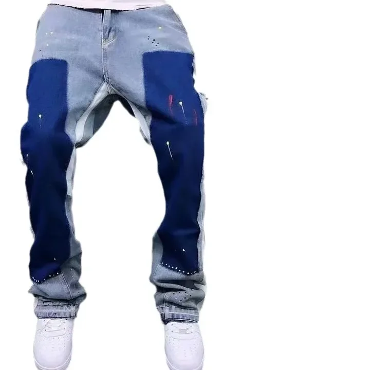 Distressed Bell-bottom Jeans Color Block Construction Details Street Style Trendy Unique Niche Pants Men's Fashion men jeans mens jeans jeans trousers denim trousers