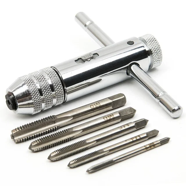 Clé de support de robinet à cliquet à poignée en T réglable en argent avec 5 pièces M3-M8 3mm-8mm filetage de vis Machine prise métrique robinet en forme de T 1