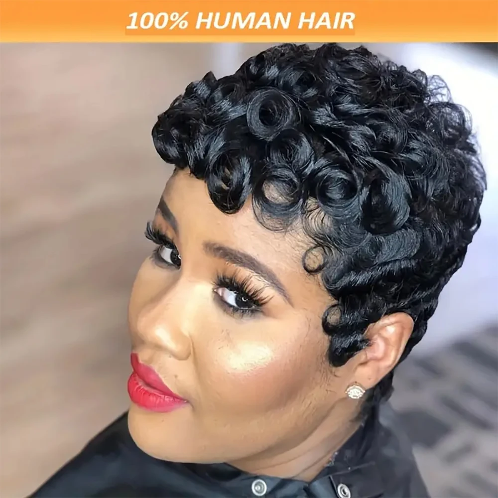 Pixie Cut Wigs Human Hair Wigs Short Curly Pixie Cut For Black Women Full Machine Made Wig Curly Black 1B Color