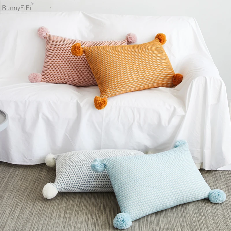 

30x50cm Cushion Cover Vintage Yellow Ivory Pink Green Pompom Ball Pillow Cover Knit Zip Open Home Decoration Sofa Bed