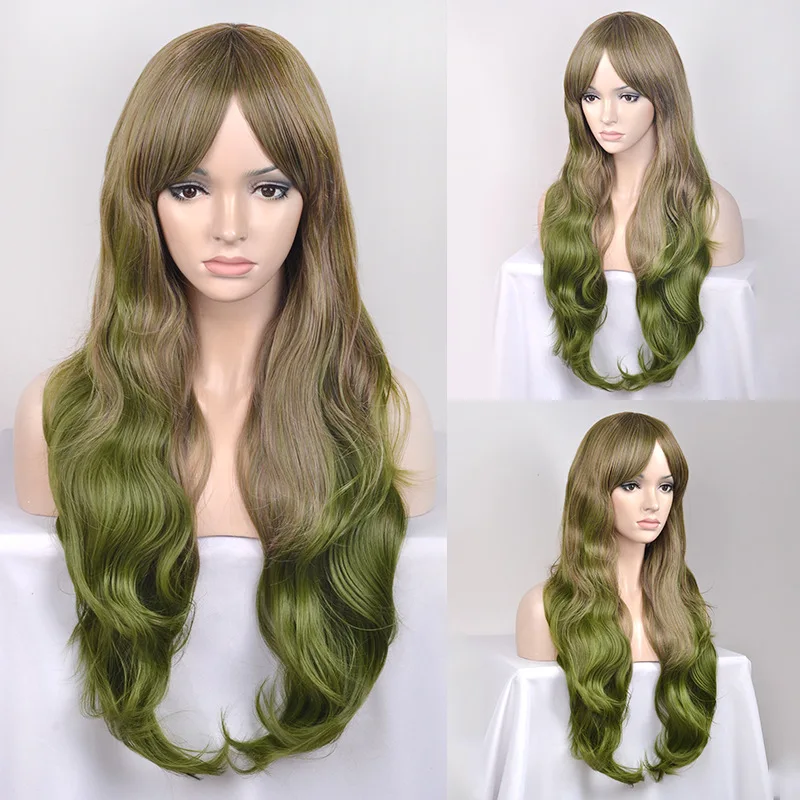 

Vogue Long Green Synthetic Natural Wavy Machine Wig Heat Resistant Fiber Cosplay For Women