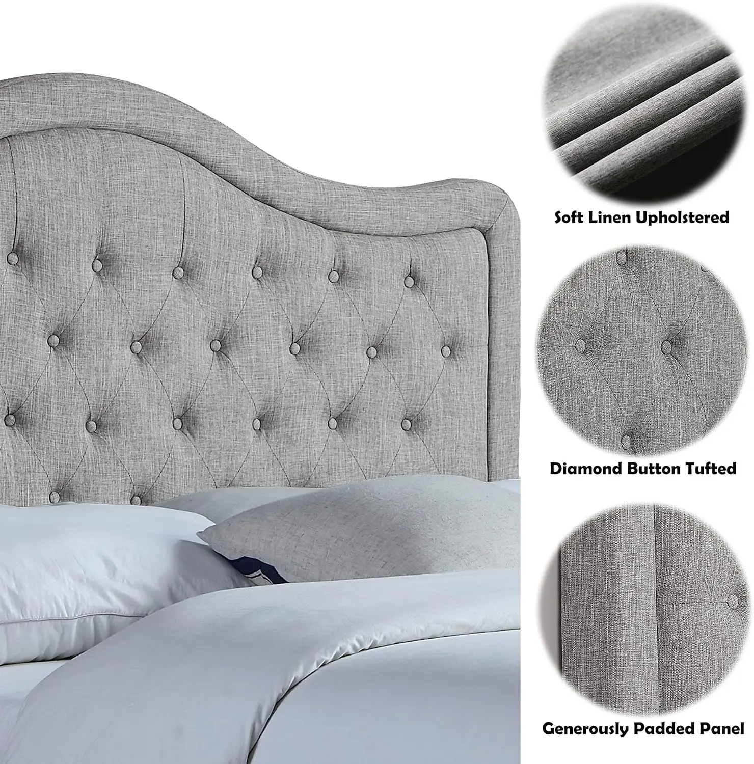 Niana Adjustable Headboard with Fine Linen Upholstery and Button Tufting for Bedroom, King, Wave Top Gray