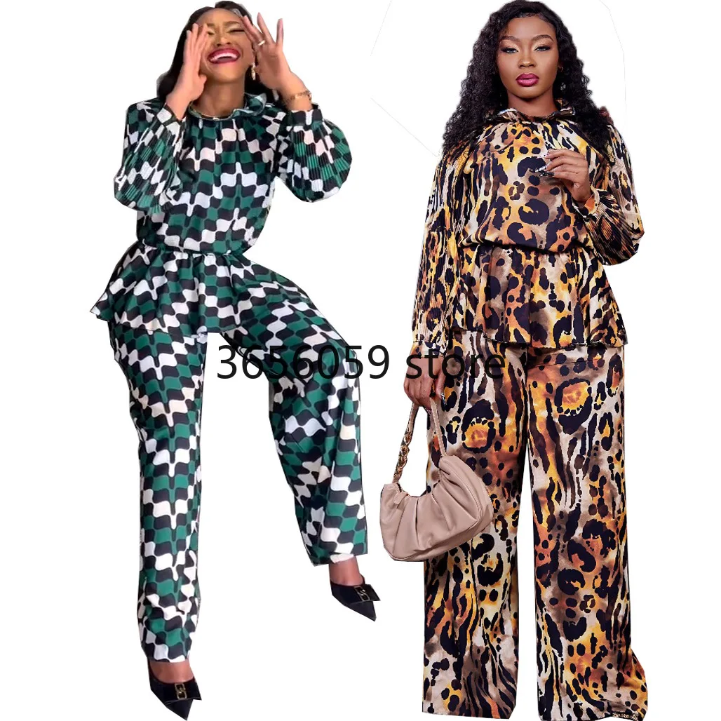 African Clothes for Women 2 Piece Spring African Long Sleeve Leopard Print Top Long Pant Matching Sets Dashiki Africa Clothing