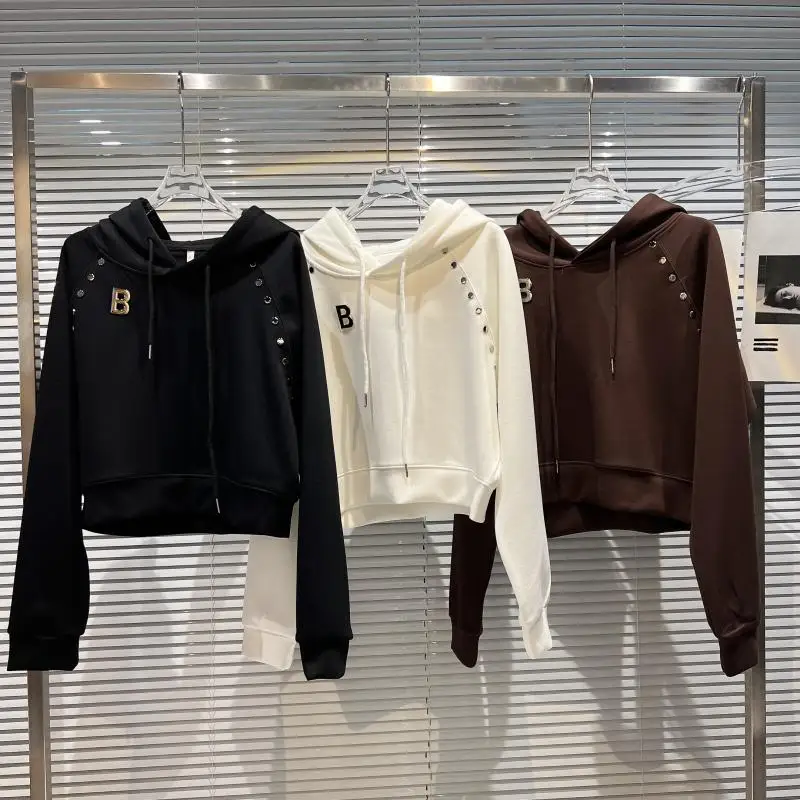 

Fall 2022 New Metal Letter Rivet Long Sleeve Space Cotton Hooded Sweatshirt Women Solid Simple Loose Leisure Sports Hoodies Coat