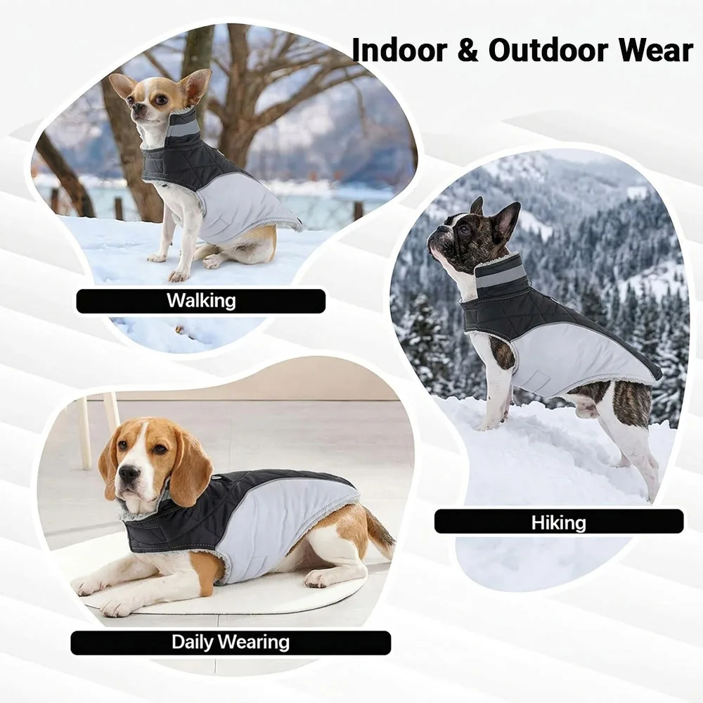 Reflective Dog Jacket Fleece Lined Warm Winter Pet Clothes Adjustable Hook Loop Coat for Small Medium Dogs French Bulldog Pug