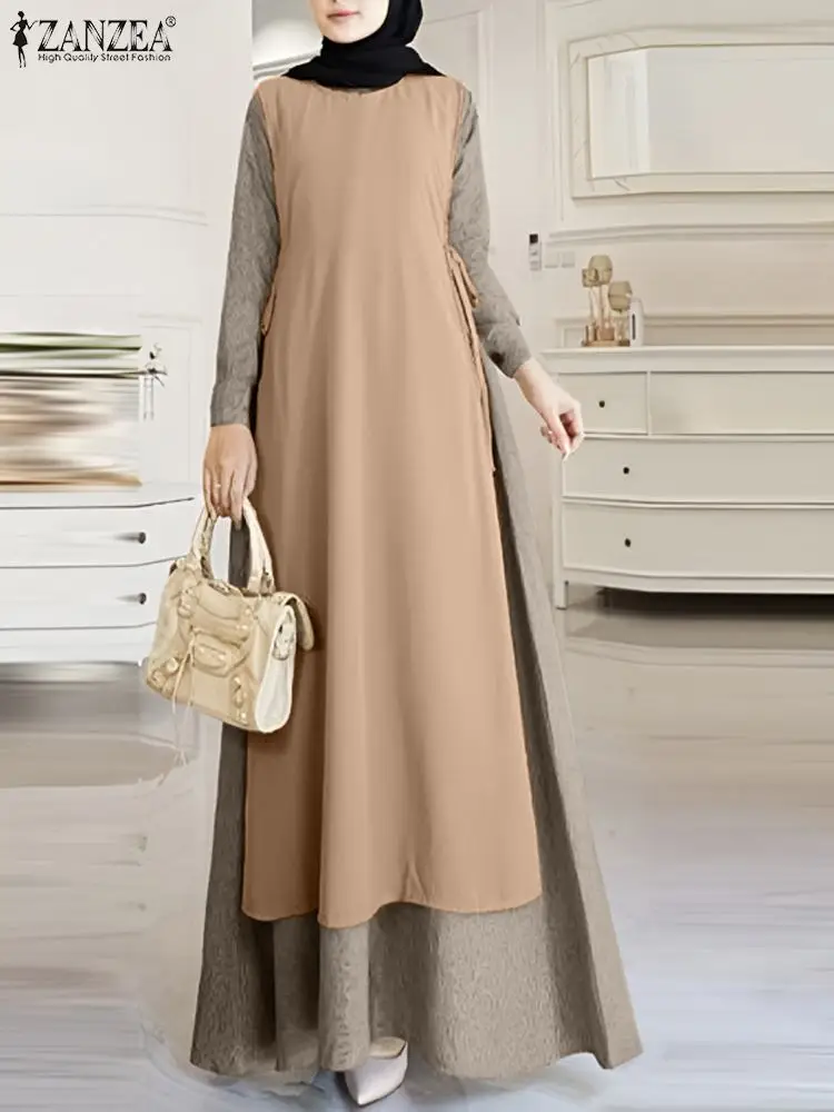 

Vintage Muslim Dress Women Long Sleeve Patchwork Sundress ZANZEA Autumn Fashion Casual Abaya Hijab Vestido Islamic Clothing Robe