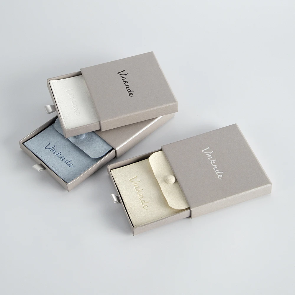 Bulk 8*8cm Snap Button Printed Suede Jewelry Bag Small Gift Custom Logo Microfiber Jewelry Packaging Pouch with Grey Drawer Box