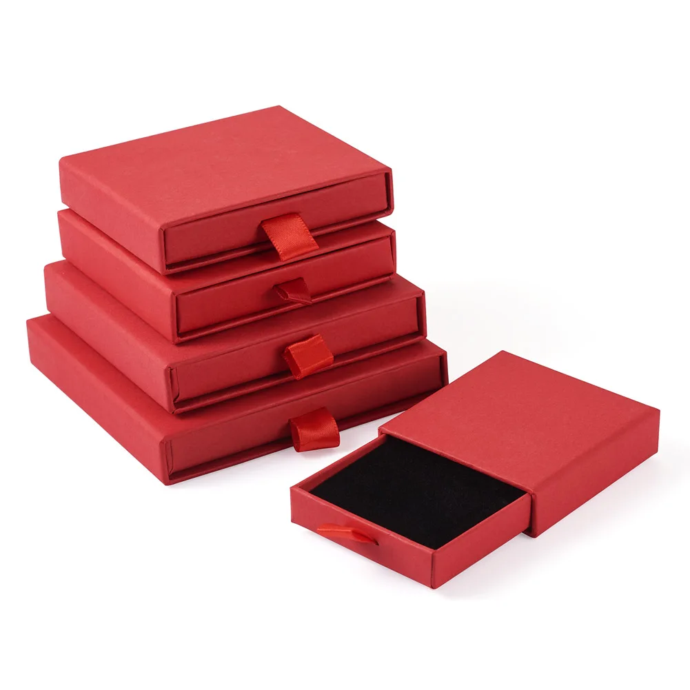 

5pcs Square Pull-Out Thin Drawer Jewelry Packaging Boxes Mixed Size Red Paper Kraft Box Case Gift Package for Valentine's Day