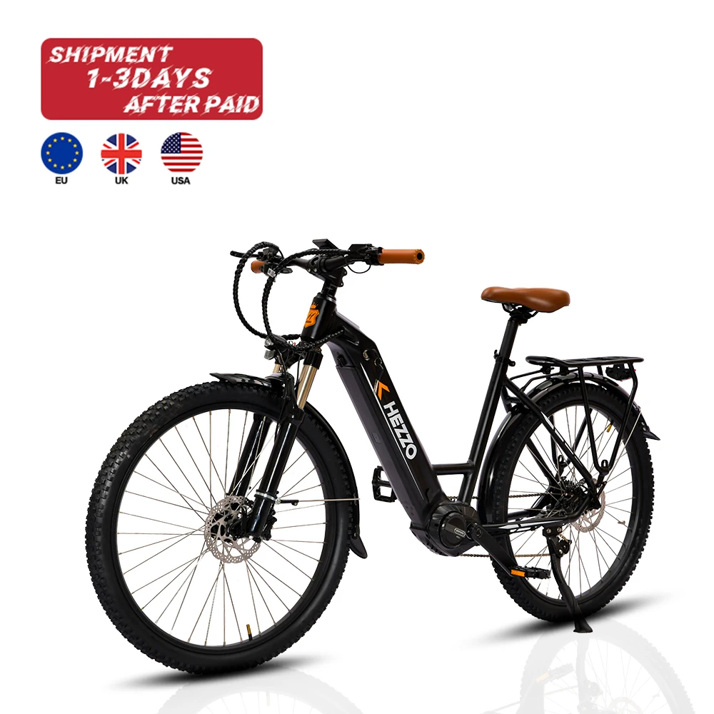 

HEZZO 27.5" 48v Electric Bike 500w BAFANG M600 mid drive ebike long range puncture proof tire step thru electric city bike