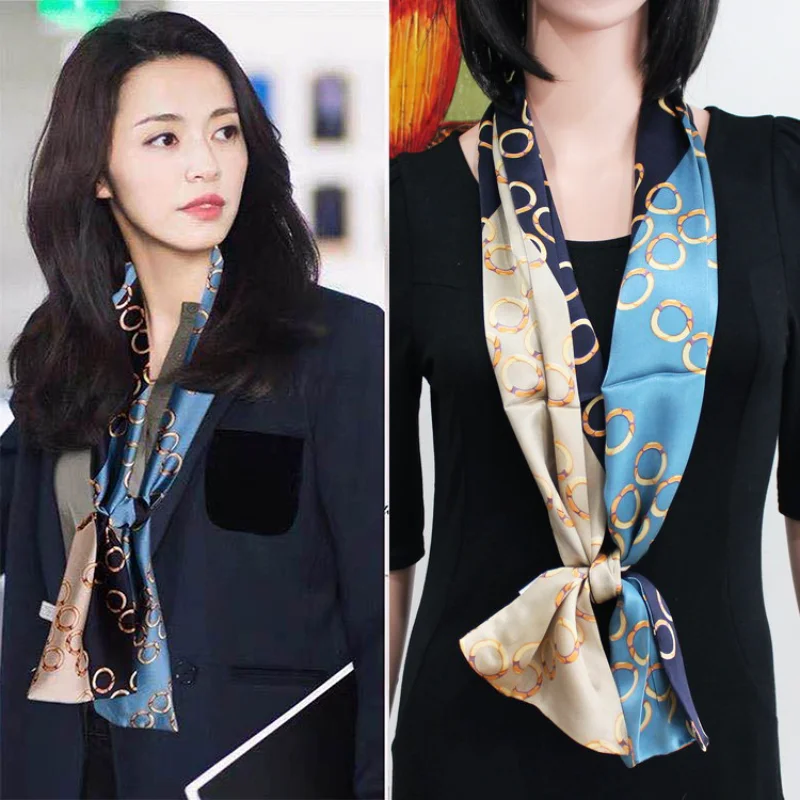 

High-end Elegant Women's Exquisite Fashion OL Style Printed Quality Silk Double-layer Inseam Edge Long Strip Scarf Ribbon