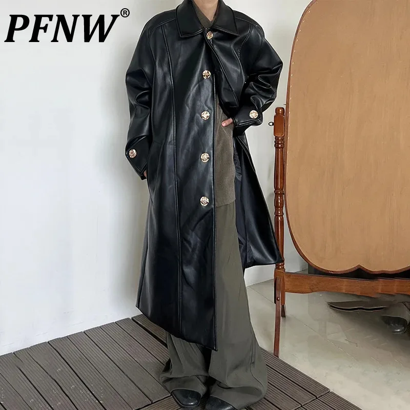 

PFNW Men's Autumn Winter Black Mid Length Leather Coat Korean Version High Sense Silhouette Stylish Fashion Trench Coats 12Z4305
