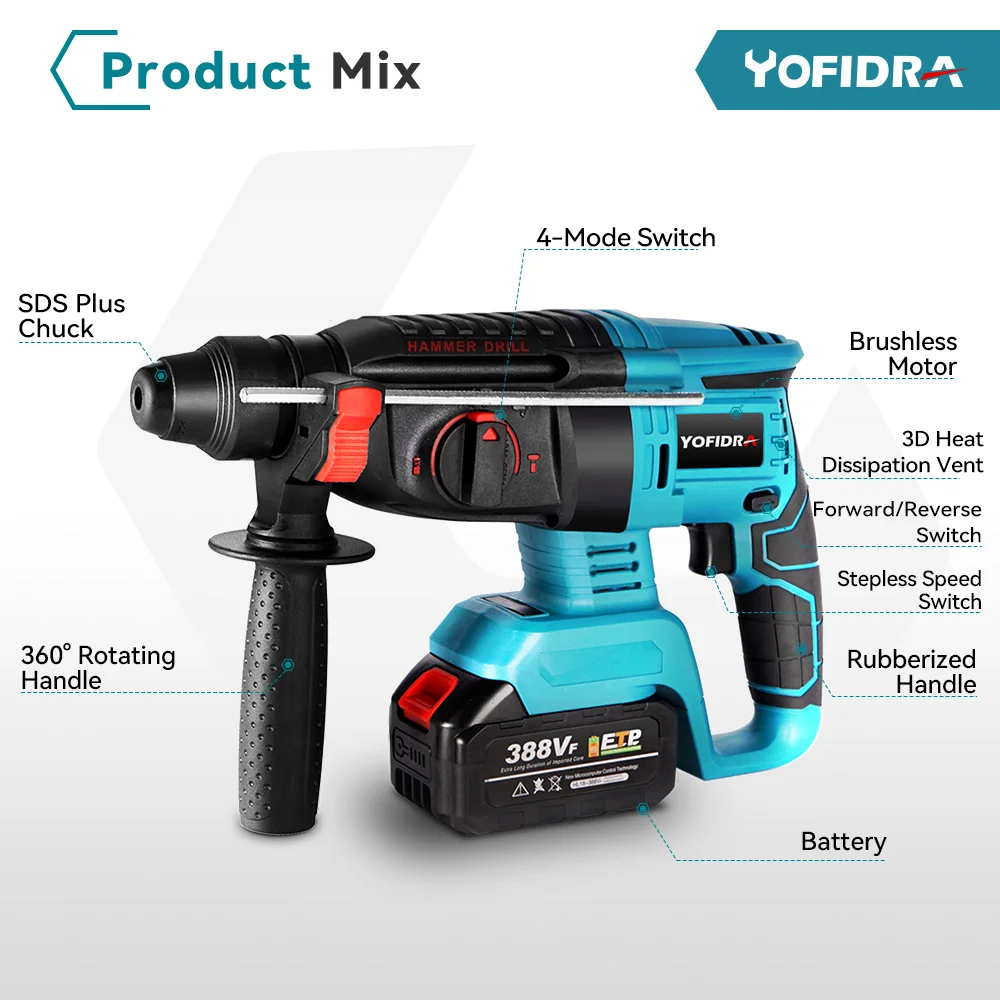 Yofidra 브러시리스 전기 해머 드릴, 다기능 로터리 무선 충전식 전동 공구, Makita 18V 배터리용, 26mm