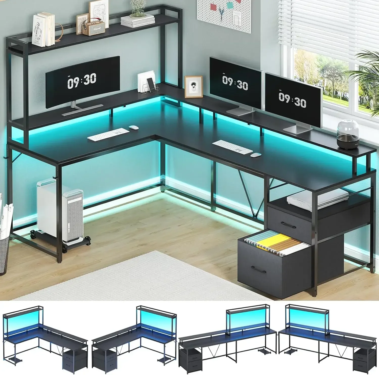 #L Shaped Gaming Desk, 94.4" Home Office Desk with File Drawer and Monitor Shelf, Corner Gaming Computer Desk with Hutch