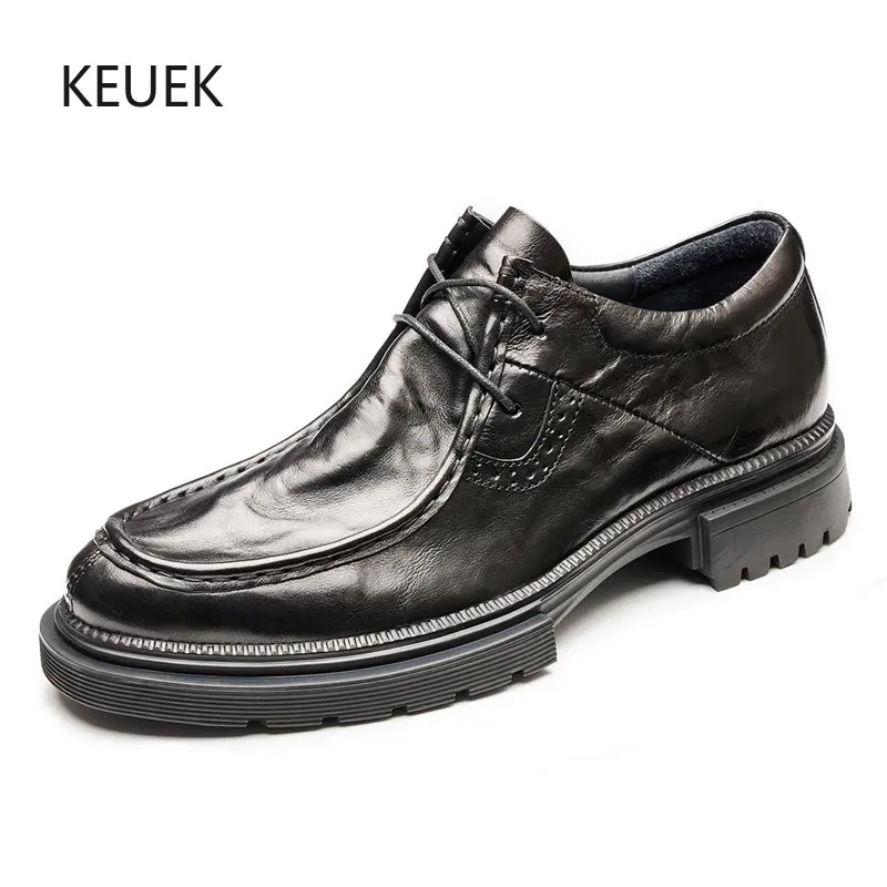 

New Male Fashion Breathable Genuine Leather Lace-Up Casual Business Dress Leather Shoes Men Square Heel Work Derby Shoes 5A