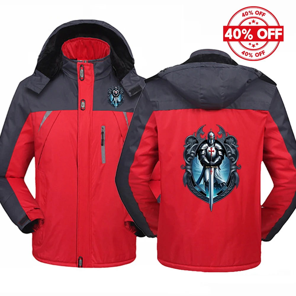Mens Thick Hooded Jacket Autumn Winter Knights Templar Pattern