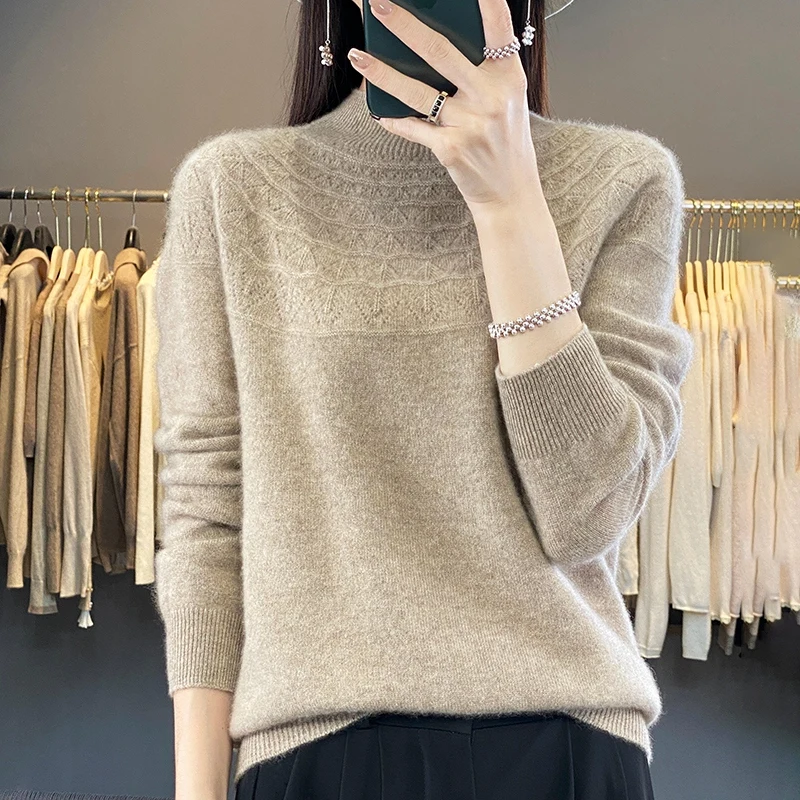 

100% Merino Wool Knit Pullover For Women's Autumn Winter Solid Color Half High Neck Hollowed Out Warm Soft Cashmere Sweater