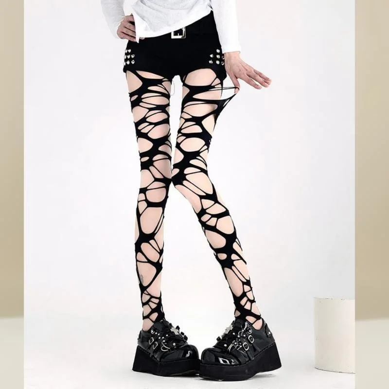 Zerrissene Netzstrumpfhose für Damen – Edgy Distressed Punk-Strümpfe, Y2K Grunge Goth Aesthetic, rutschfeste, dehnbare Strumpfhose – Detail 3