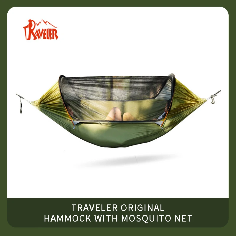 

Camping Hammock Outdoor Camping Single Double Anti-rollover Hammock with Mosquito Net Parachute Cloth Pole Anti-mosquito Hammock