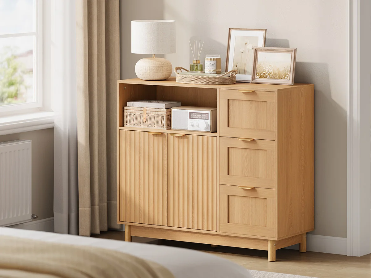 WOLTU Küchenschrank aus Holz mit 3 Schubladen, 90 x 80 x 35 cm, Buffet-Sideboard mit verstellbarem Regal, Kleiderschrank für Wohnzimmer, Flur – Detail 15