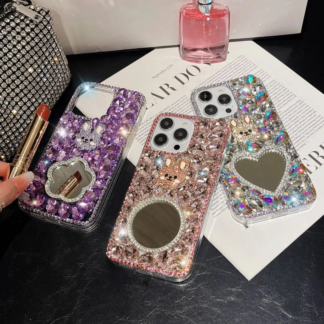

Luxury Glitter Diamond Rabbit Makeup Mirror Phone Case For IPhone 14 13 12 11 Pro Max XR XS X 7 8 Plus SE2020 14Plus Women Cover