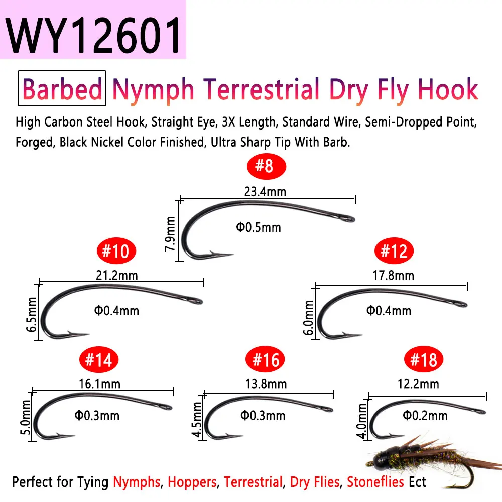 Bimoo 100 Stück 1 # ~22 # Fliegenbindehaken mit Widerhaken und Widerhaken aus Kohlenstoffstahl, trocken, nass, Nymphen, Puppen, Caddis, Streamer, Fliegen, Angelhaken – Detail 14