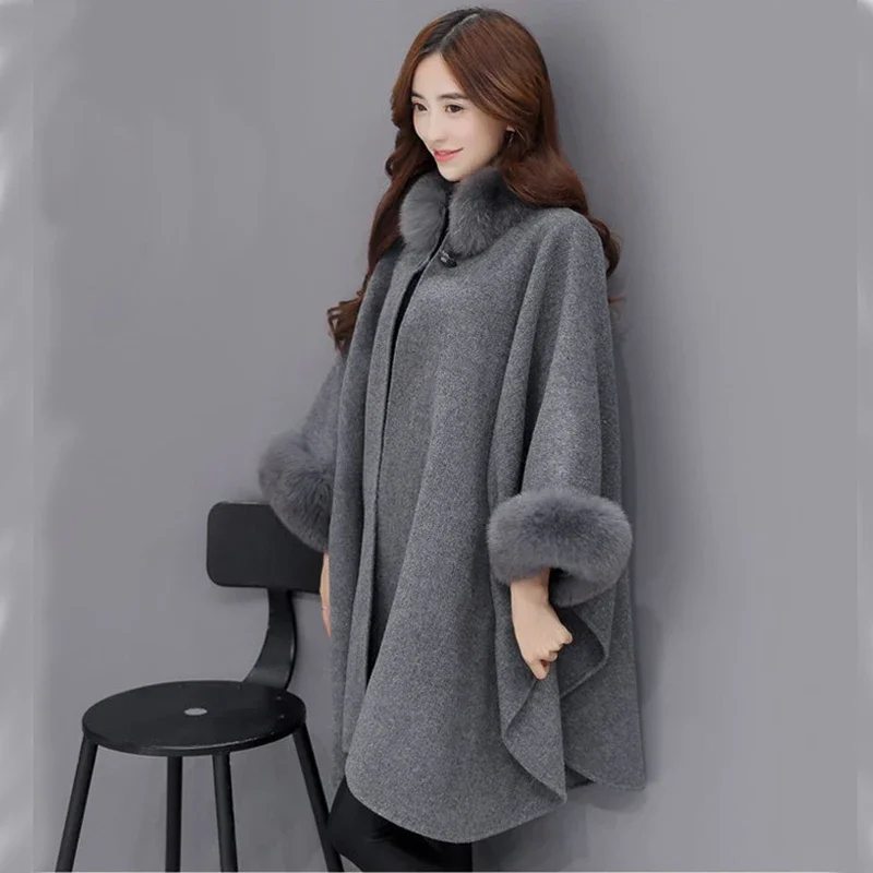 High Quality Women's Fox Fur Collar Long Wool Shawl Coat Coat Elegant Women's Cloak Plus Size Women's Winter Down Jacket