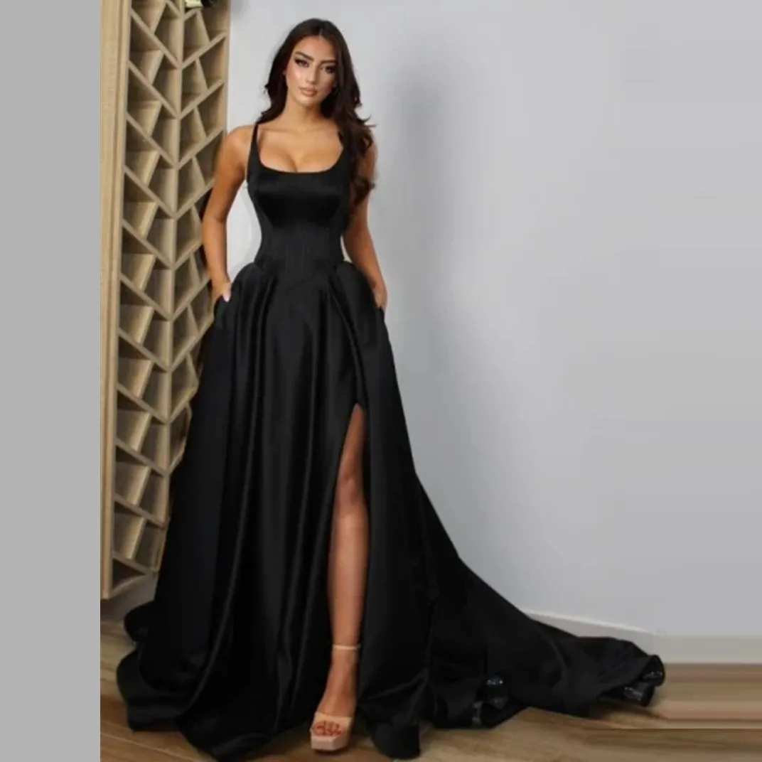 

Custom square Neck Prom Dresses 2023 Sexy Backless Front Split Satin A-line Prom Party Dress vestidos de festa longo