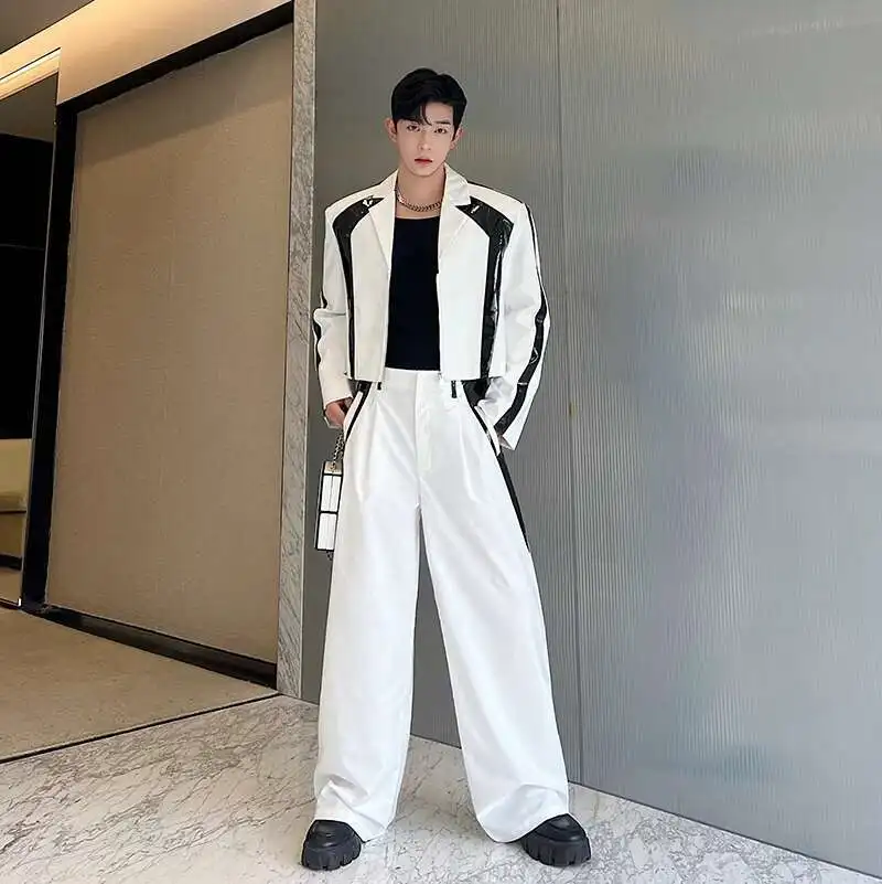 韓国Q.LEO WHITE  JACKET AND PANTS SET LUZHEN Korean New Luxury Sets Niche Male Blazers Pu Leather