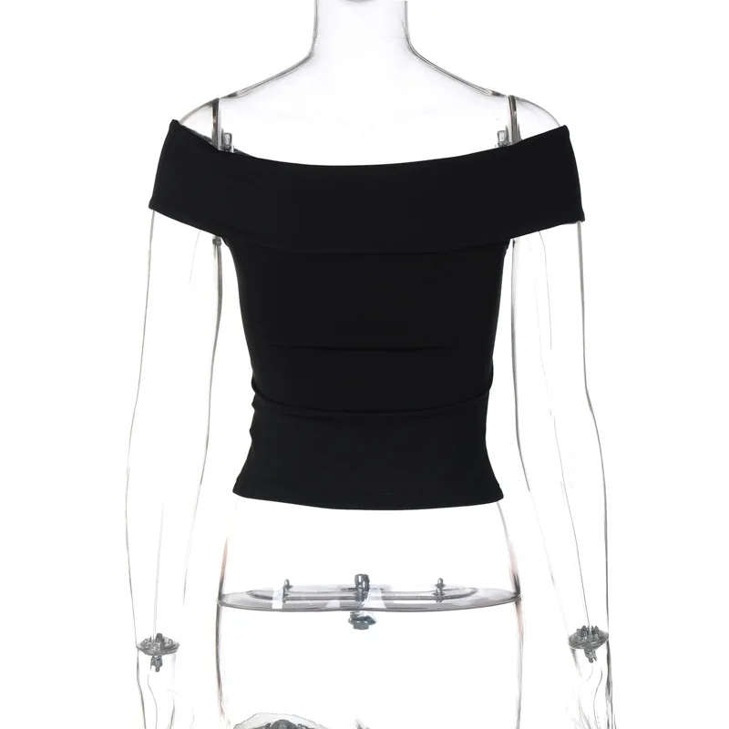 Camiseta con hombros descubiertos y fruncido para mujer, sexy, sin mangas, de color liso, ajustada, con cuello barco, estilo urbano