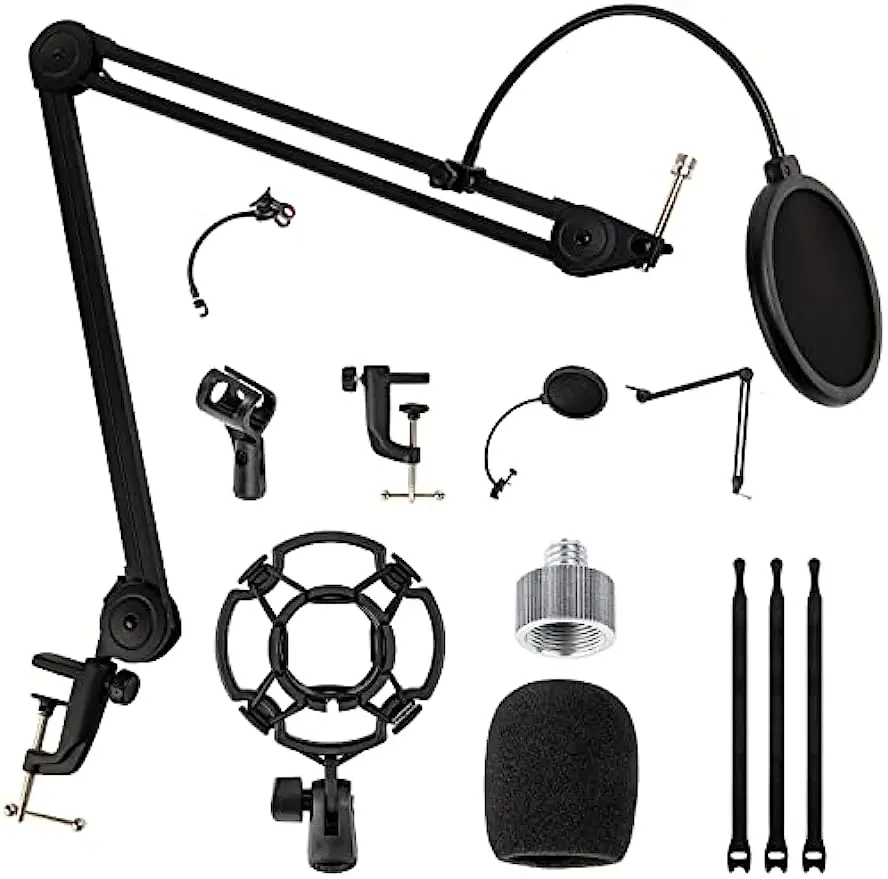 

Microphone Adjustable Boom Arm Stand with Microphone Windscreen and Mic Pop Filter Microphone Stand Desk Adjustable