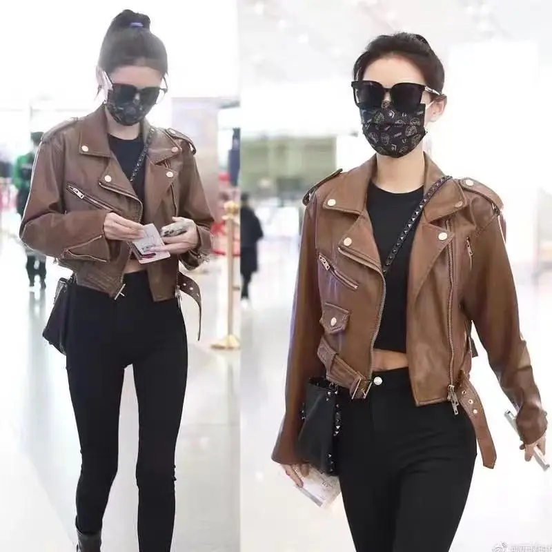 2023 Spring and Autumn Wear Korean Version Handsome Leather Coat Slim Fit Lapel Zipper Short Leather Jacket Coat for Women