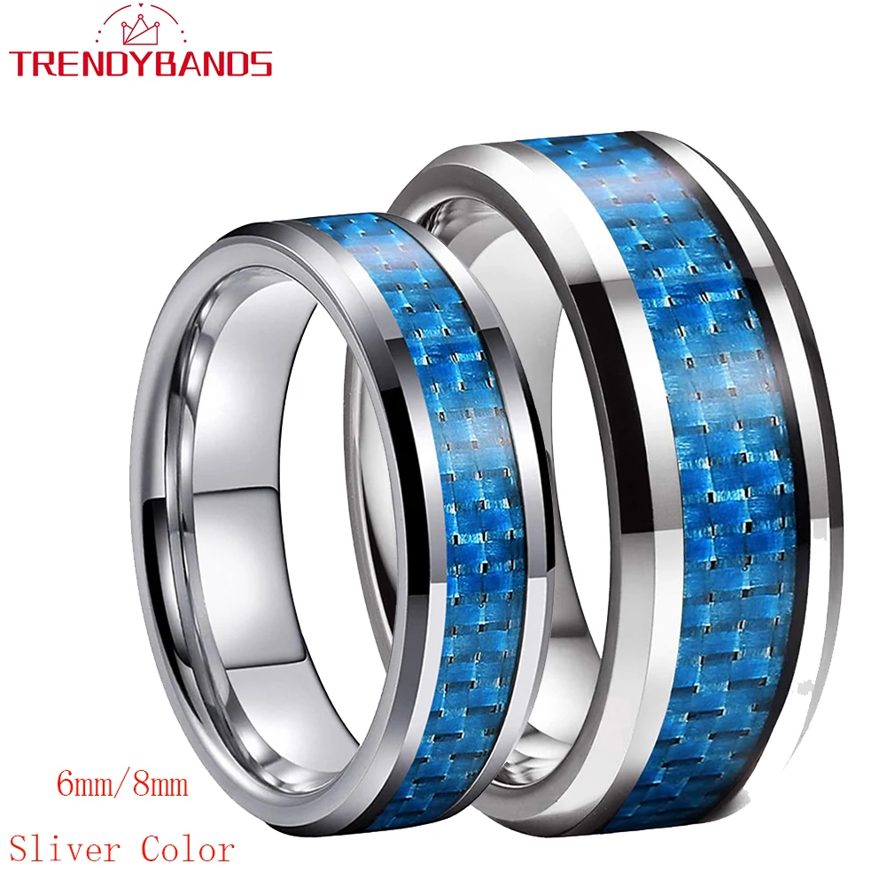 6mm 8mm Dropshipping Tungsten Carbide Ring Wedding Band for Men Women Blue Carbon Fiber Inlay Beveled Edges Comfort Fit wireless blue tooth mobile selfie lazy artifac tiktoks remote control ring mobile phone bluetoth controller page turner clicker