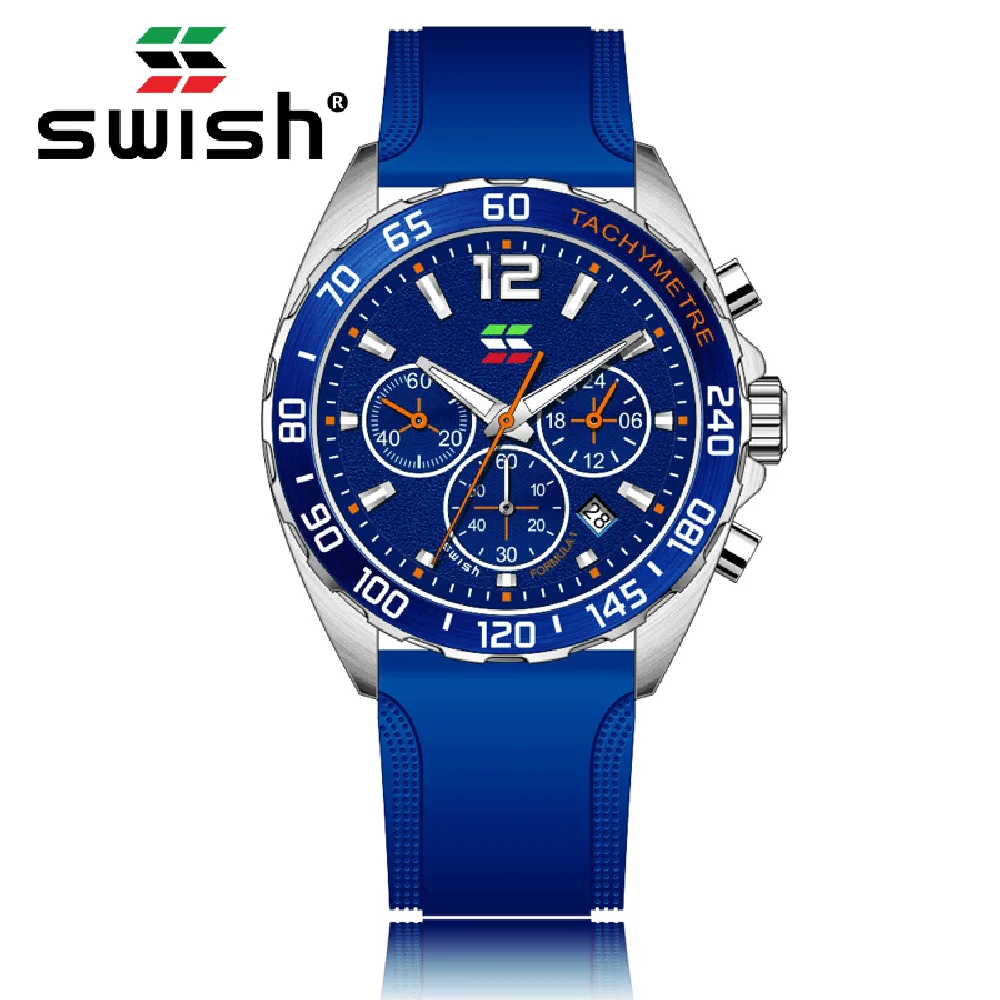 

2022 New MenSports Watches Blue Chronograph Quartz Wristwatch Rubber Strap Waterproof Watch Relogio Masculino