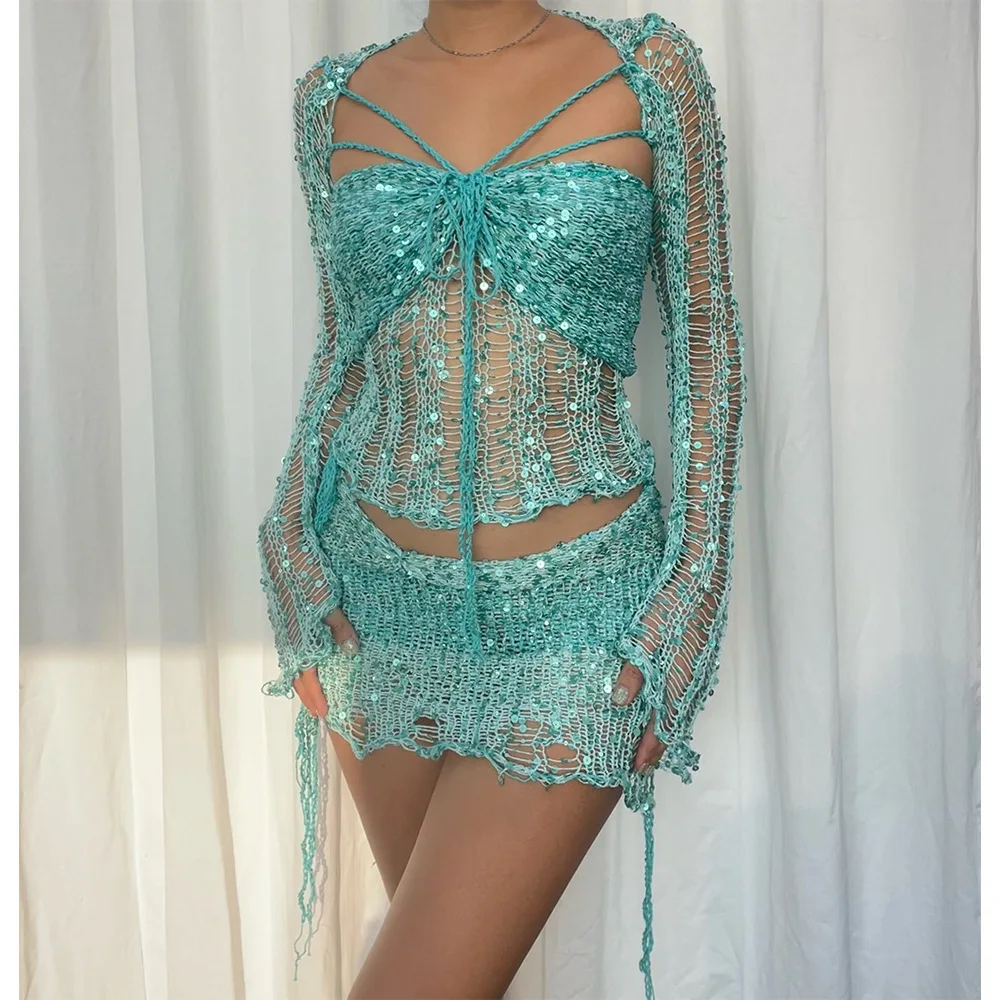 Sequins Knitted 3 Piece Sets Women Sexy Long Flare Sleeve Cape  Lace Up Strapless Crop Tops Bodycon Mini Skirts Sexy Club Suits