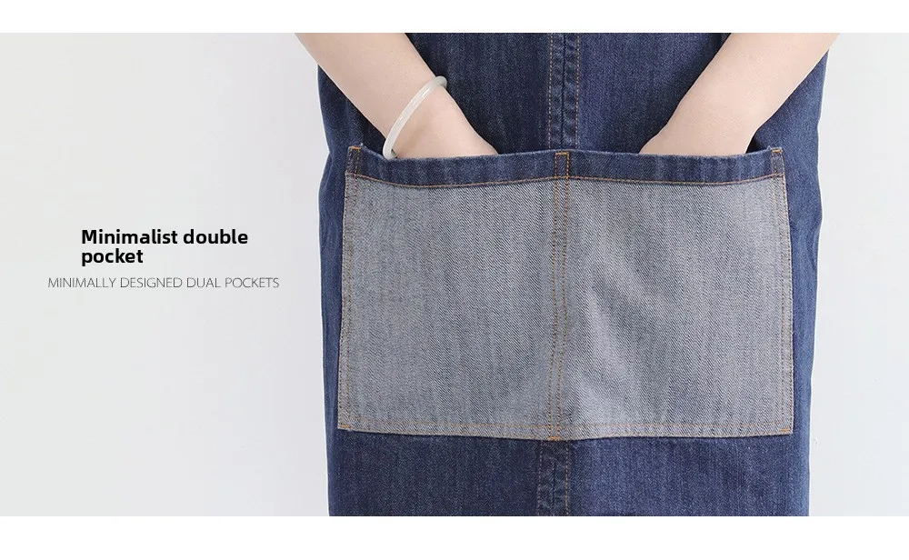 Maßgeschneiderte Schürze aus gewaschenem Denim mit verstellbaren Taillengurten für Heim- und Café-Arbeitskleidung, verstellbare Taille, Café-Schürze – Detail 15