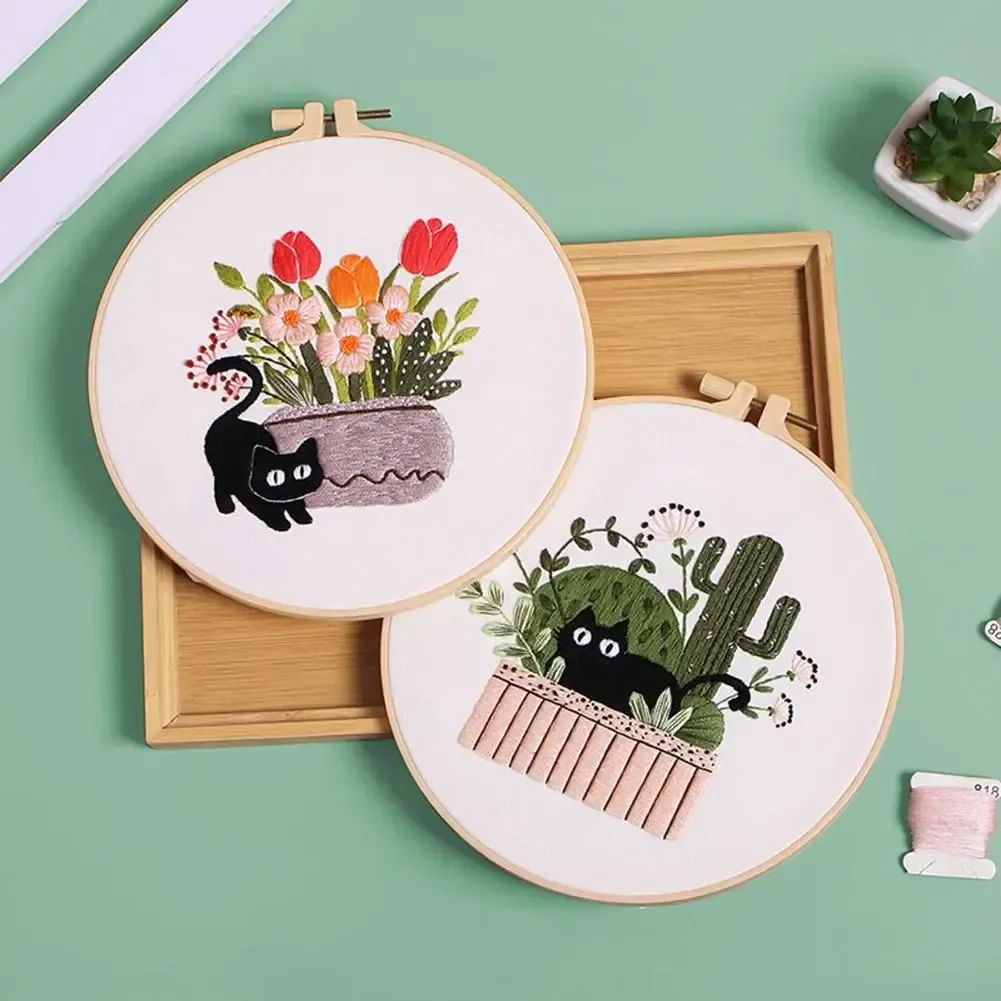 Flower Black Cat Pattern Embroidery Set Needlework Cross Stitch Tools Embroidery Starter Kit Home Decor Handmade Crafts Ornament embroidery kits