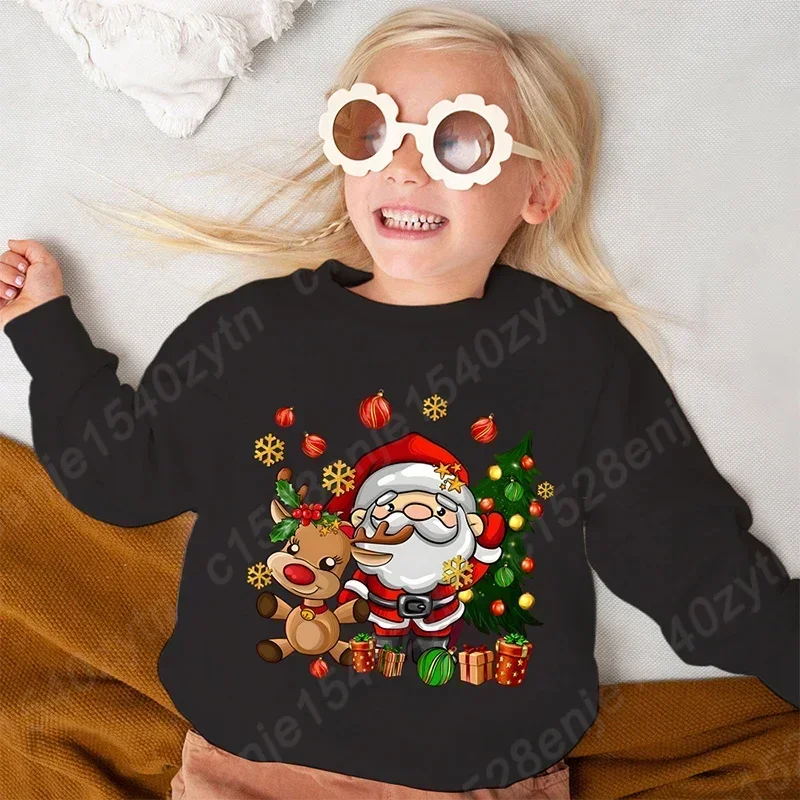 Cute Cartoon Santa Claus & Reindeer & Christmas Tree Graphic Print Sweatshirt, Girls Comfy Clothes For Christmas As Gifts 4