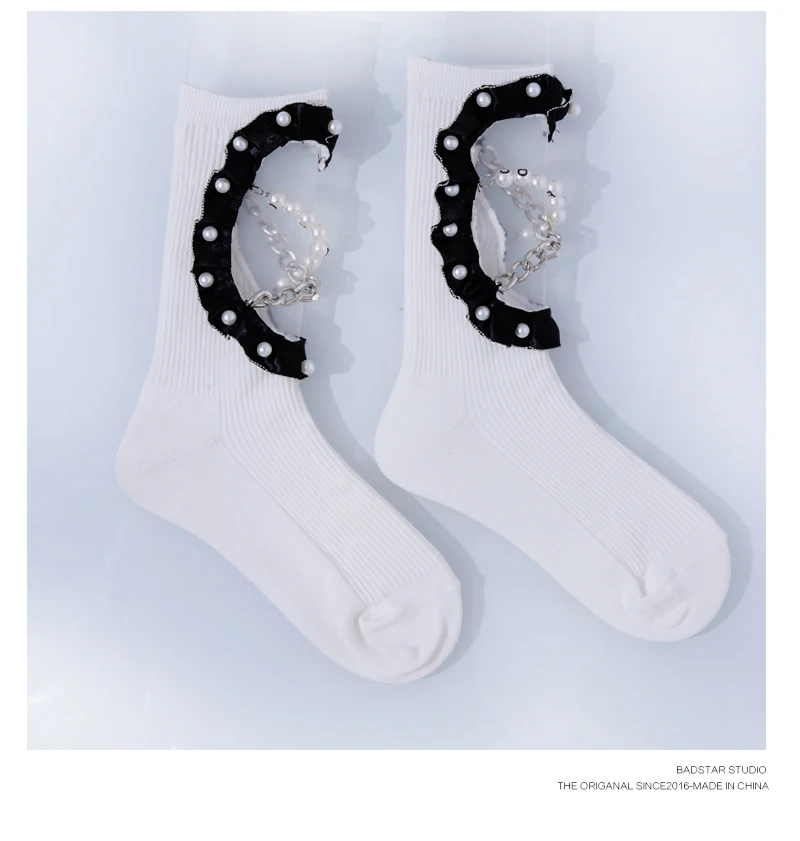 Black Lolita Striped Socks Niche Hollowed Heart Shape Pure Chain Pearl Lace Calf Cotton Short Pile Socks For Girl Cute Stockings