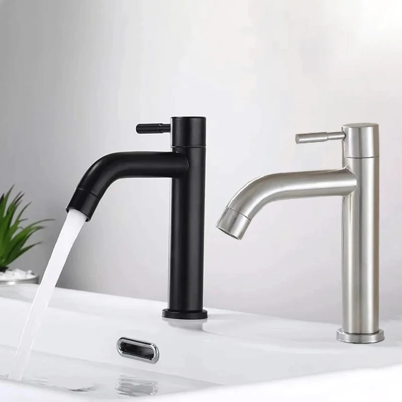 Kitchen Sink Single Cold Faucet 304 Stainless Steel Basin Faucet Household Bathroom Countertop Washbasin Splash Proof Faucet