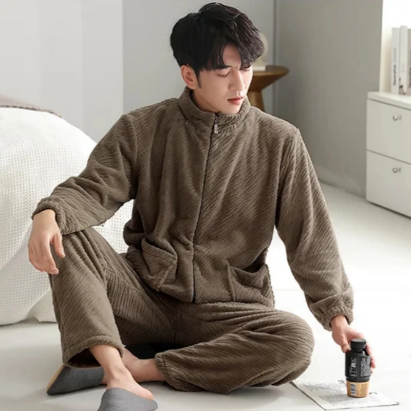 Autumn Winter Men's Coral Velvet Pajamas Oversized Stand Up Collar Zipper Plush Thickened Warm Flannel Home Clothing Set